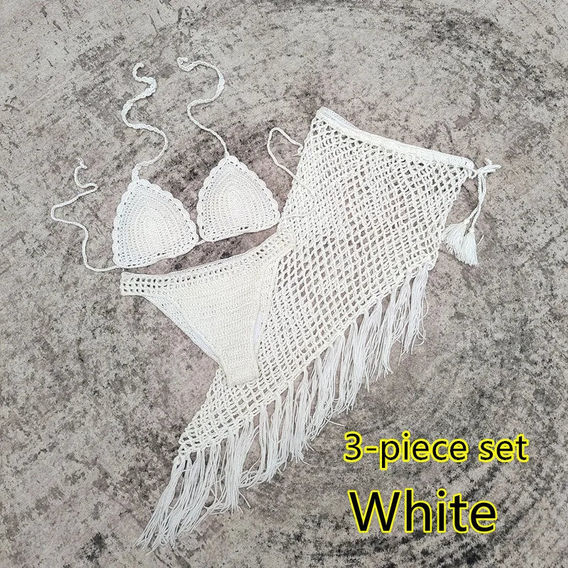 Women's handmade crochet bikini and matching beach skirt swimsuit set in acrylic fabric