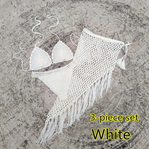 Women's handmade crochet bikini and matching beach skirt swimsuit set in acrylic fabric