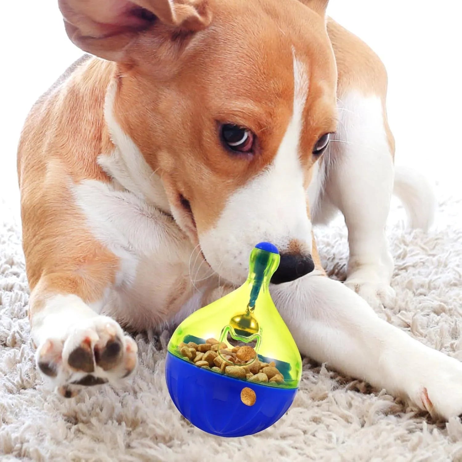Interactive pet treat dispenser tumbler toy for dogs and cats showing rolling ball design
