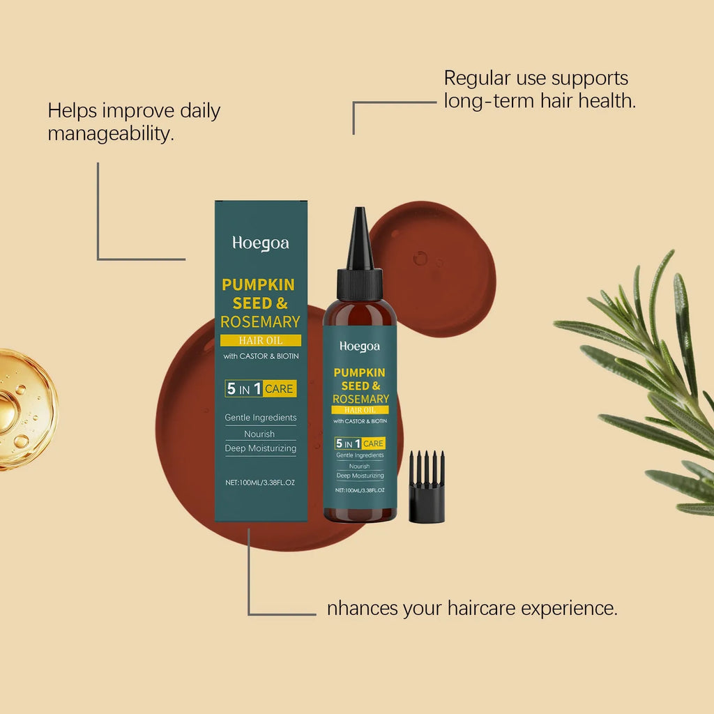 Rosemary hair essential oil 100 ml bottle with pointed applicator and hair comb on a white background.