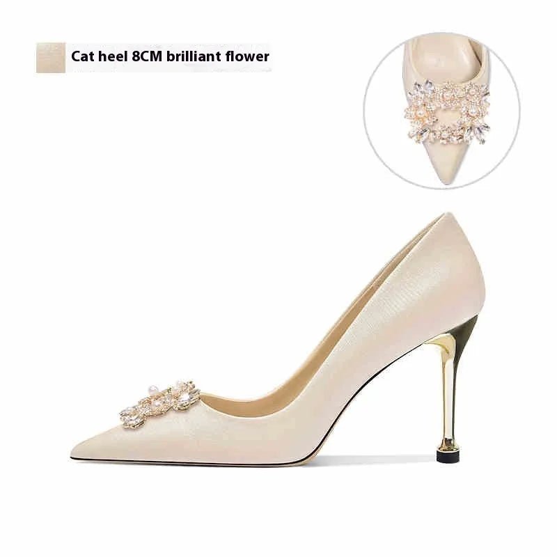 French crystal bridal high heels with rhinestone decoration on cloth upper, available in pointed toe styles with stiletto heels