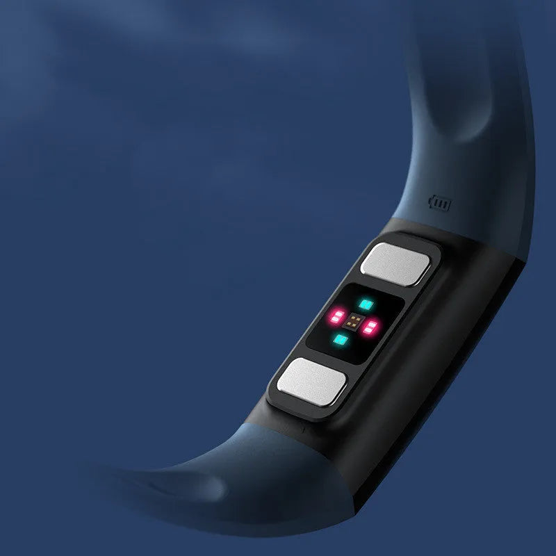 Black smart health bracelet with screen showing blood pressure and ECG readings on wrist.