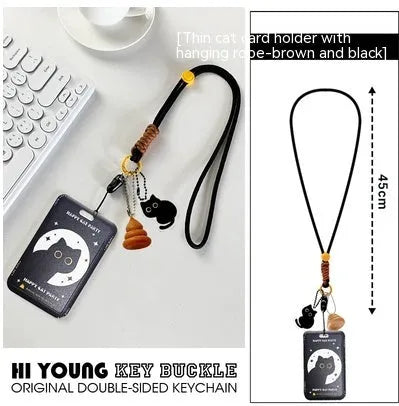 Plastic card holder sleeve with cute little black cat cartoon design and a silver ferrule pendant.