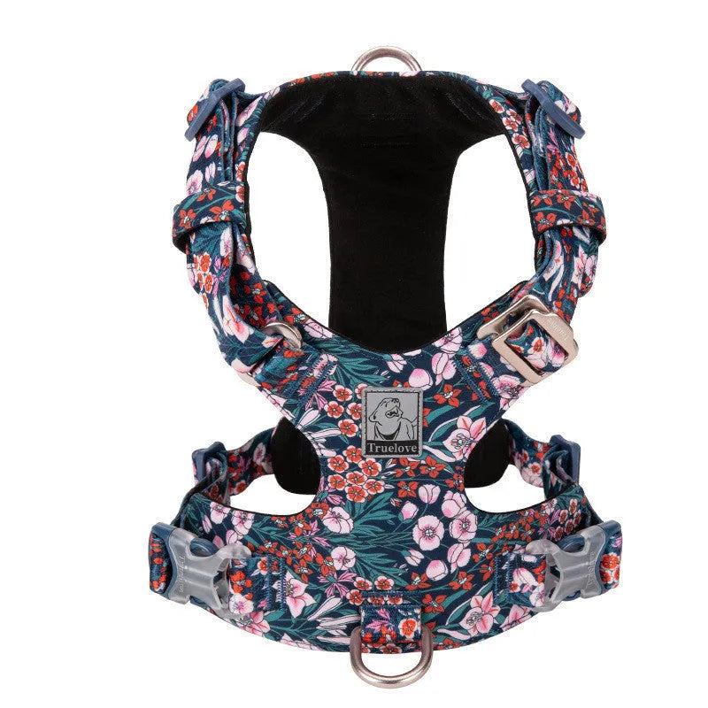 Floral print cotton dog chest harness on a dog, showing adjustable straps and pull-resistant design.
