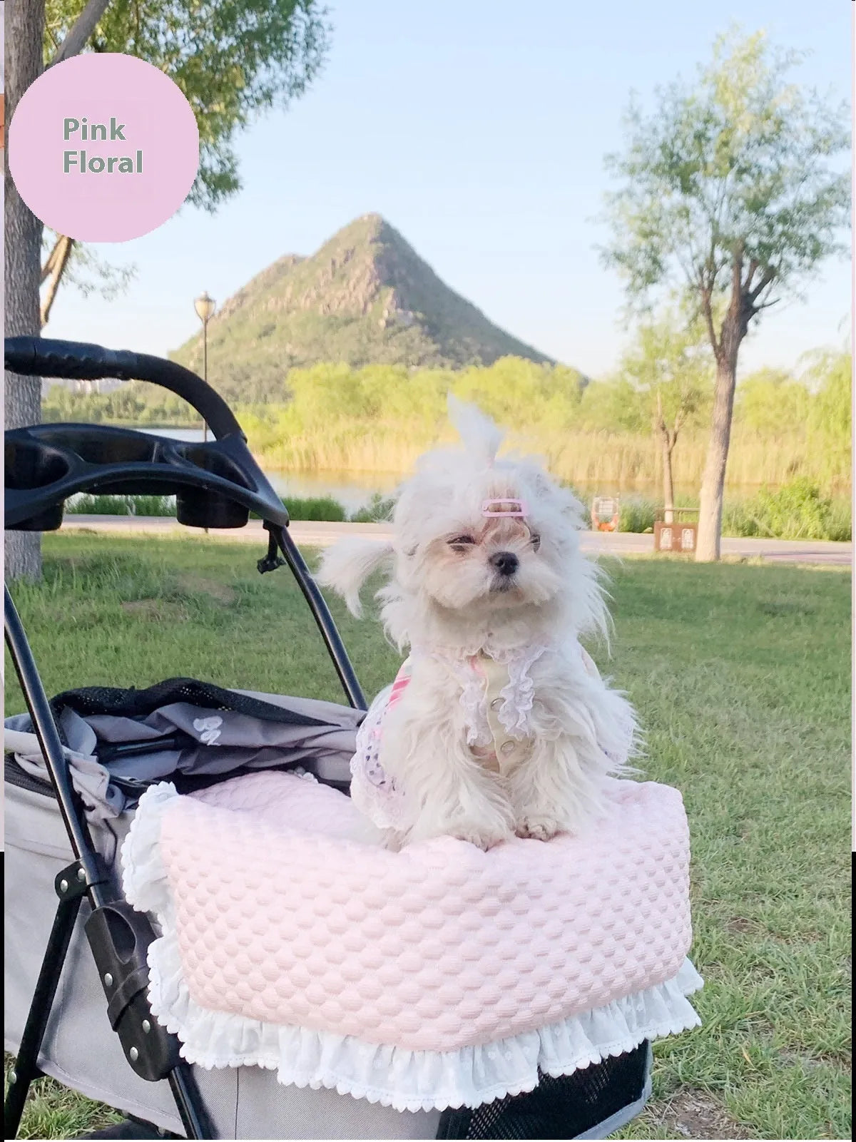 Pure cotton pet stroller three-piece set with towel, cushion and pillow in floral pattern