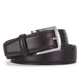 Men's black leather belt with an alloy pin buckle on a white background