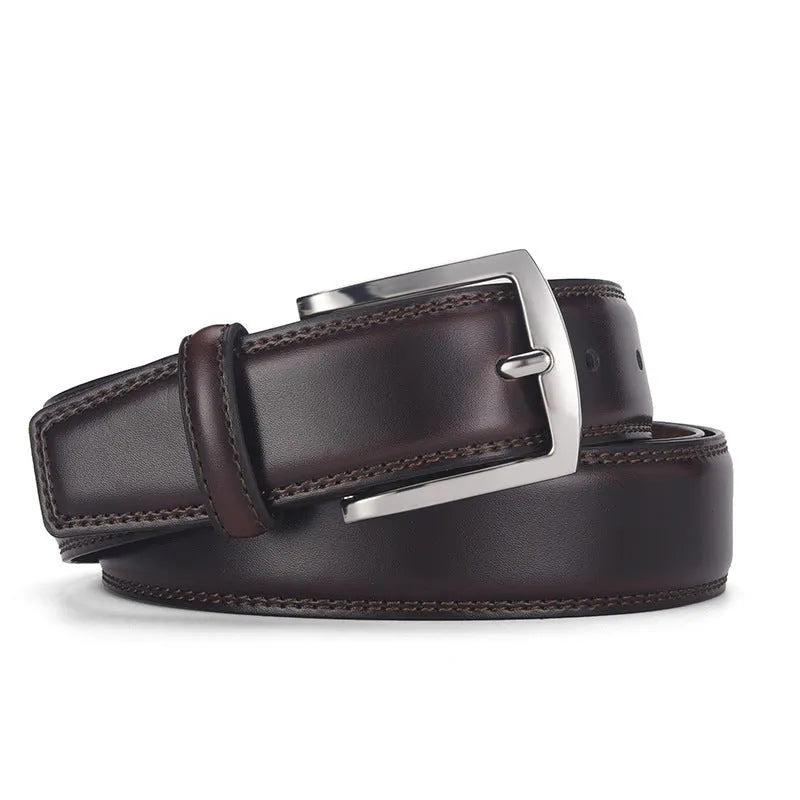Men's black leather belt with an alloy pin buckle on a white background