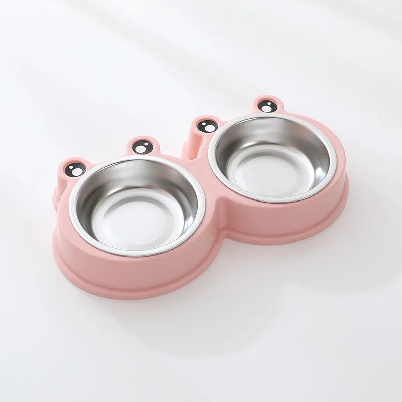 A stainless steel pet bowl with two compartments for water and food, shown in blue.
