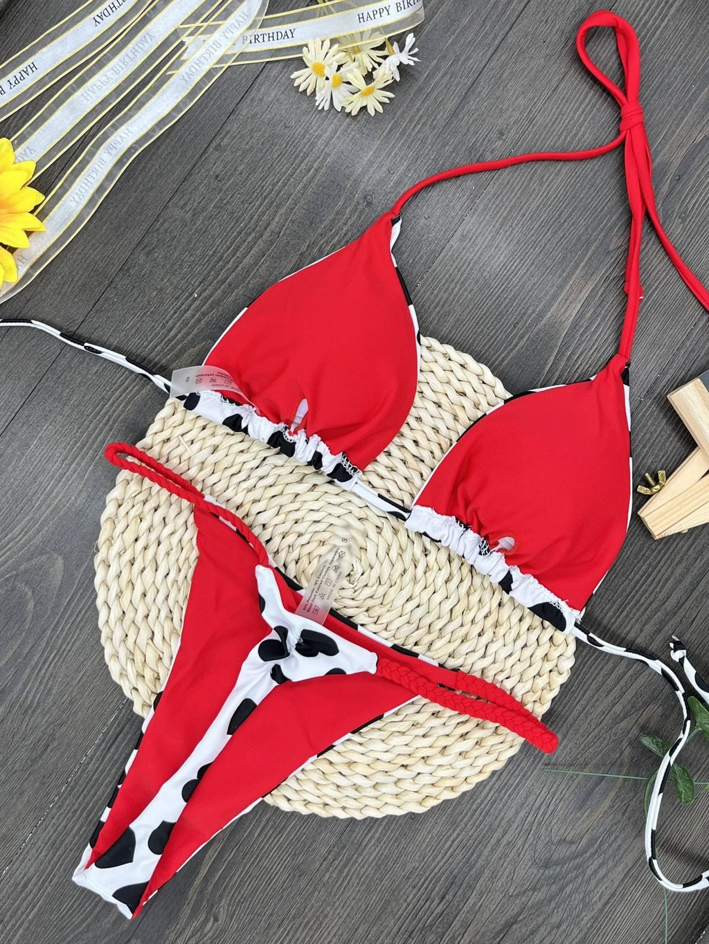 Women's heart print backless swimsuit with split design in brief style