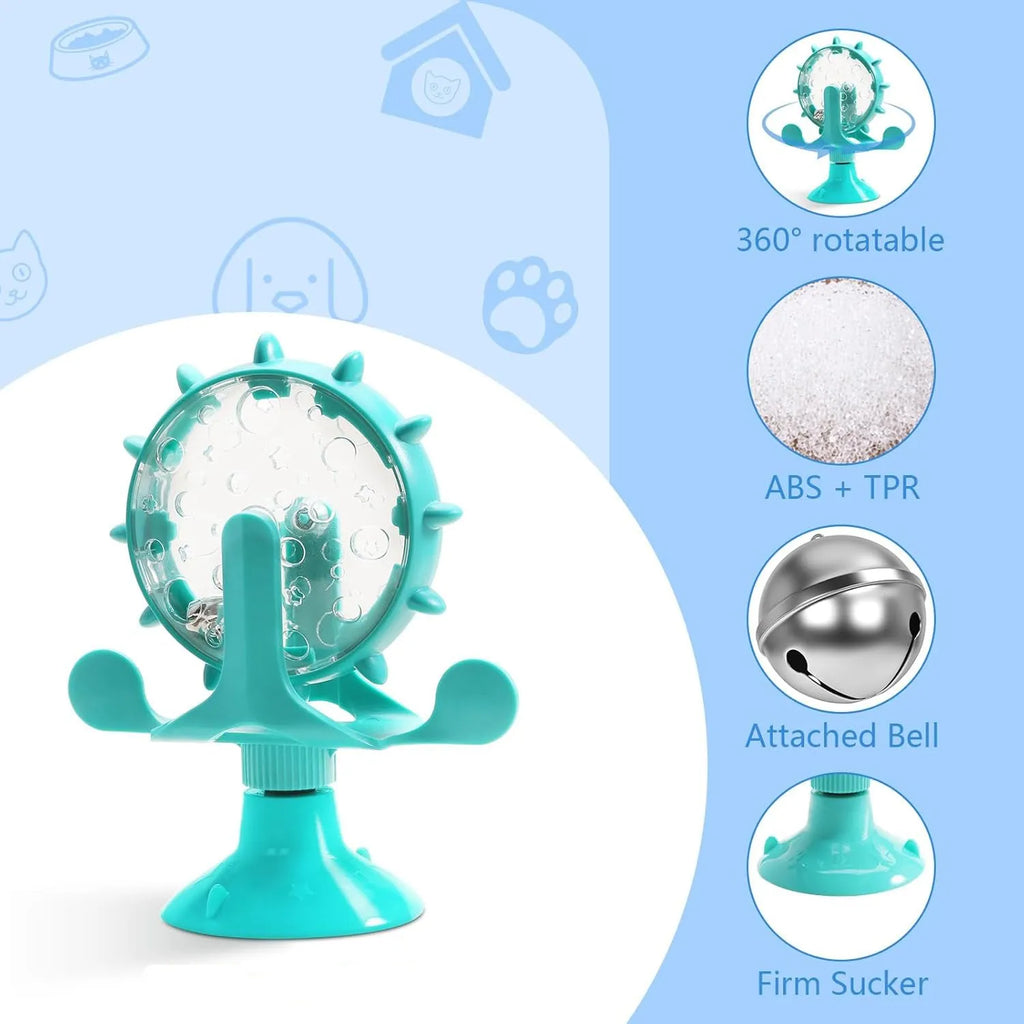 Interactive pet puzzle slow feeder toy with suction cup base in blue, green, red, or yellow colour.
