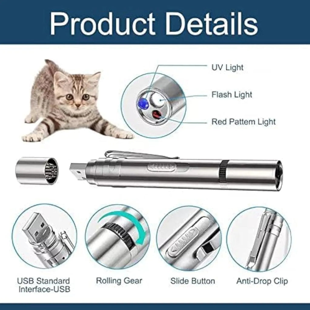 Silver aluminium cat laser pointer toy showing pattern selection gear and USB charging port