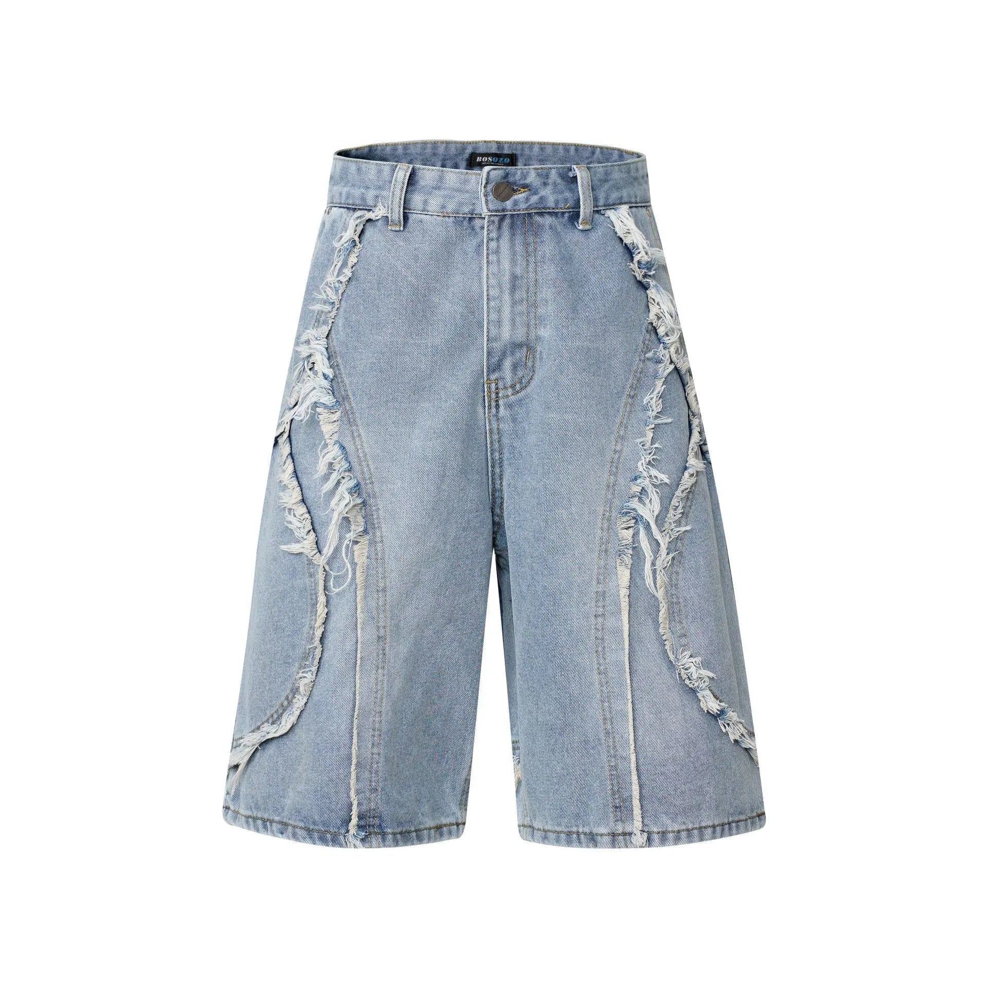 Men's distressed denim shorts with raw edge detailing in straight leg cropped silhouette