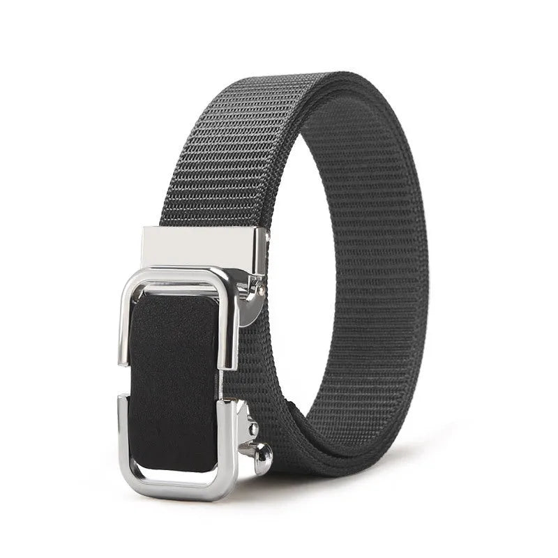 Men's navy blue nylon canvas belt with a silver alloy toothless buckle on a 120cm strap.