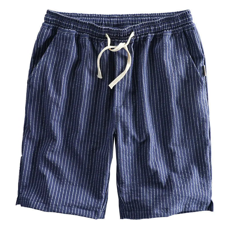 Men's striped casual shorts in loose straight-leg fit with elastic waistband.