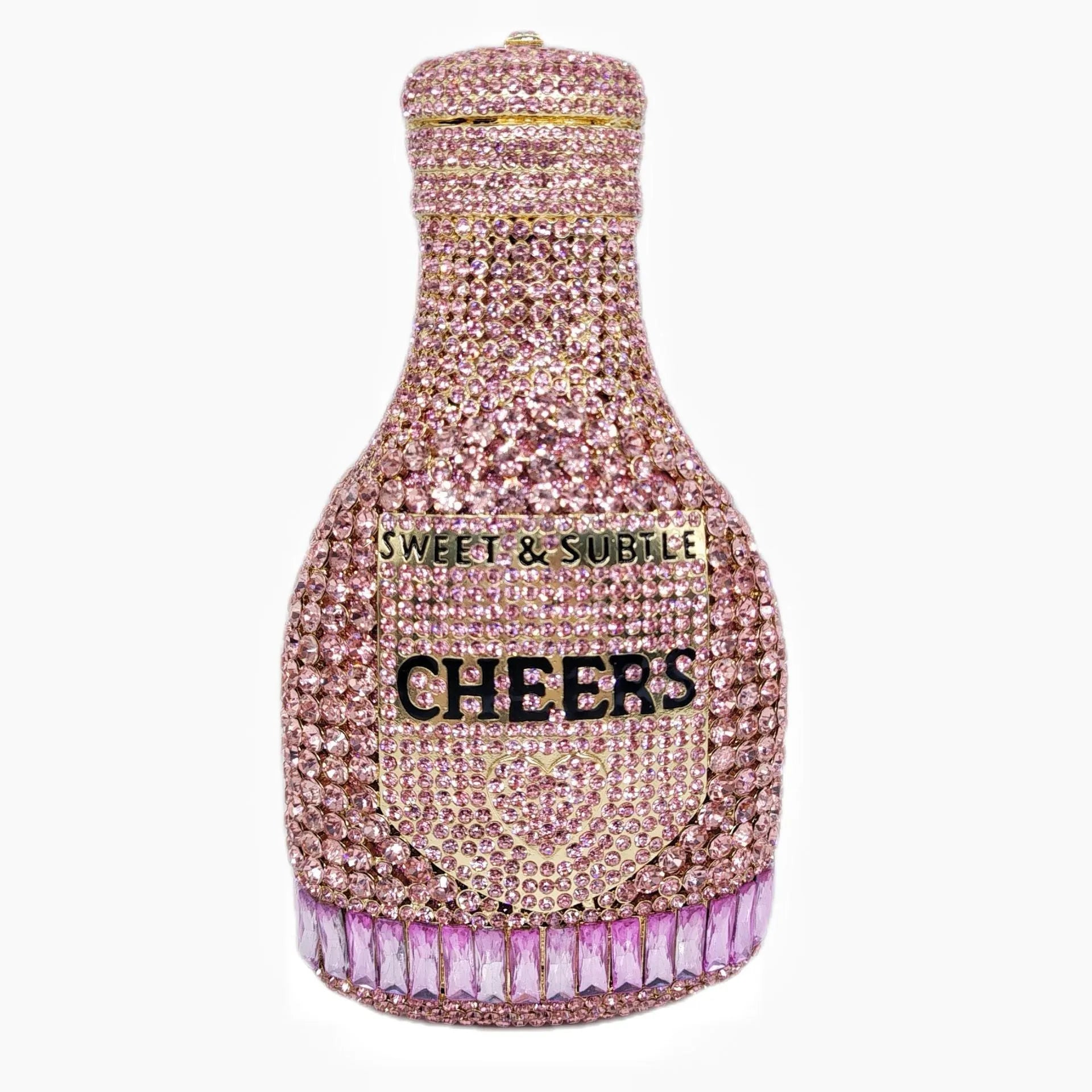 Gold hard shell champagne bottle clutch bag with rhinestones and alloy chain