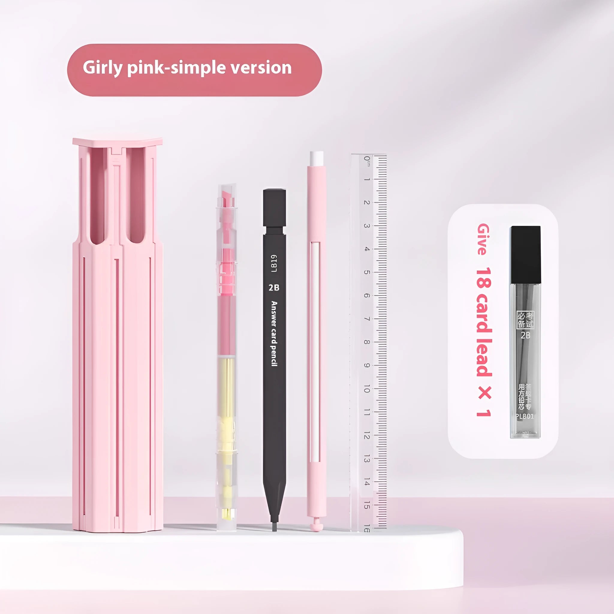 Plastic pencil case designed to hold six pens, shown in sky blue, white, and pink colour options.