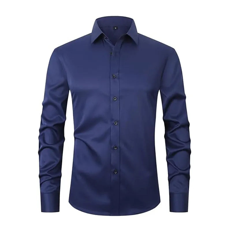 Men's long sleeve stretch work shirt in polyester fabric on a hanger.