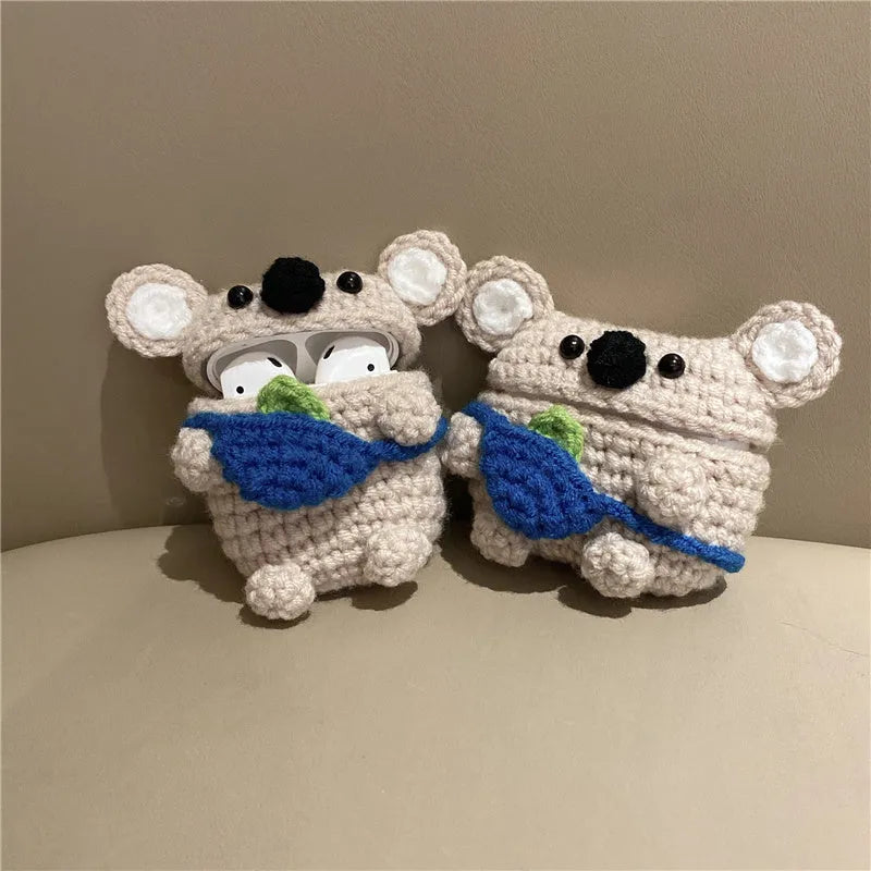 Handmade knitted koala bear backpack cover for AirPods charging case protection