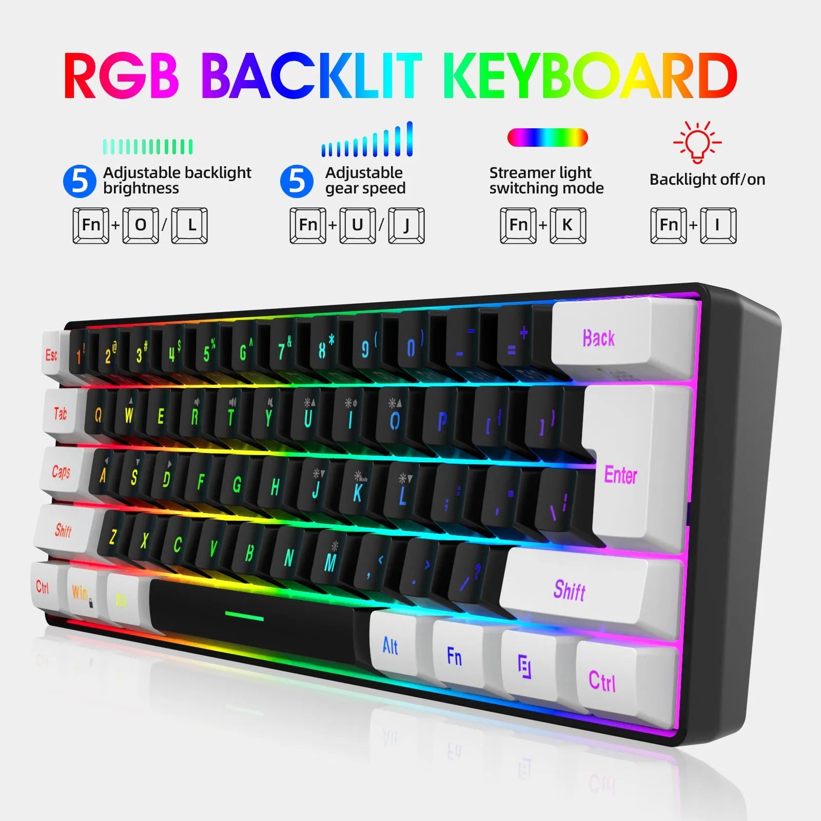 Compact 61-key wired membrane keyboard in white and black colour scheme
