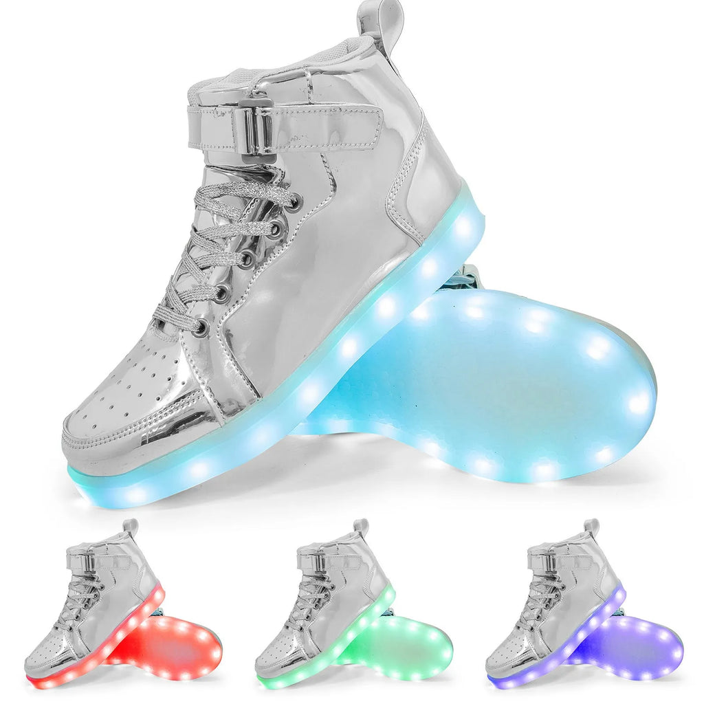 Unisex black LED high-top trainers with Velcro strap and glowing lights on the sole.