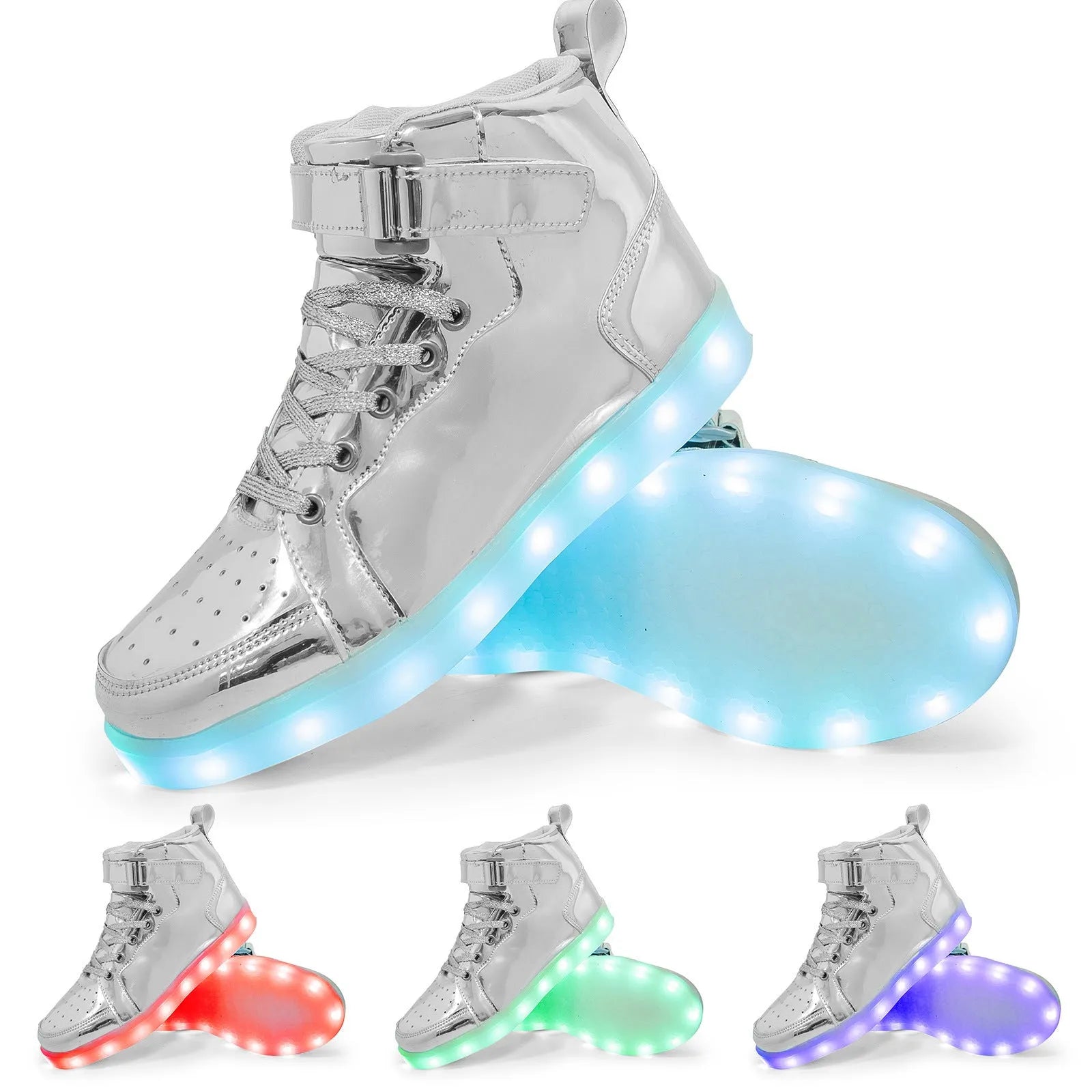 Unisex black LED high-top trainers with Velcro strap and glowing lights on the sole.