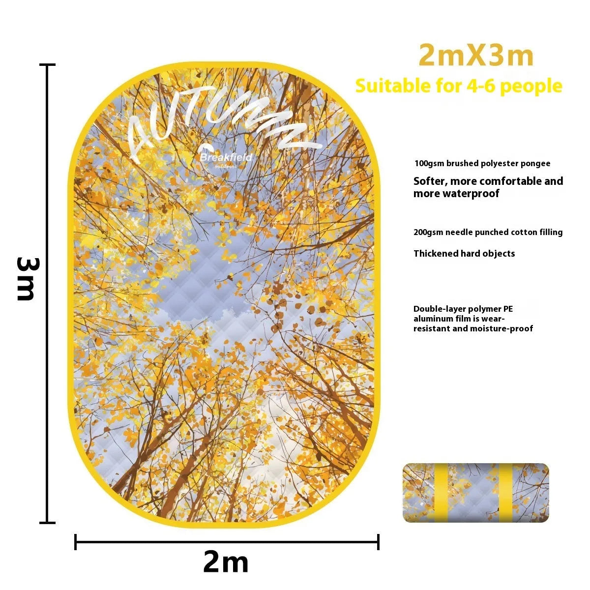 Large waterproof picnic mat in a seasonal colour on grass, showing its size for a group.