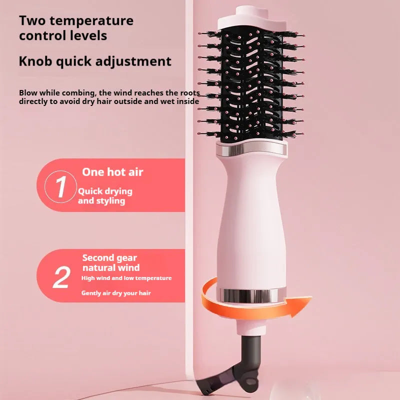 Pink multifunctional hair dryer with integrated comb and curling attachment