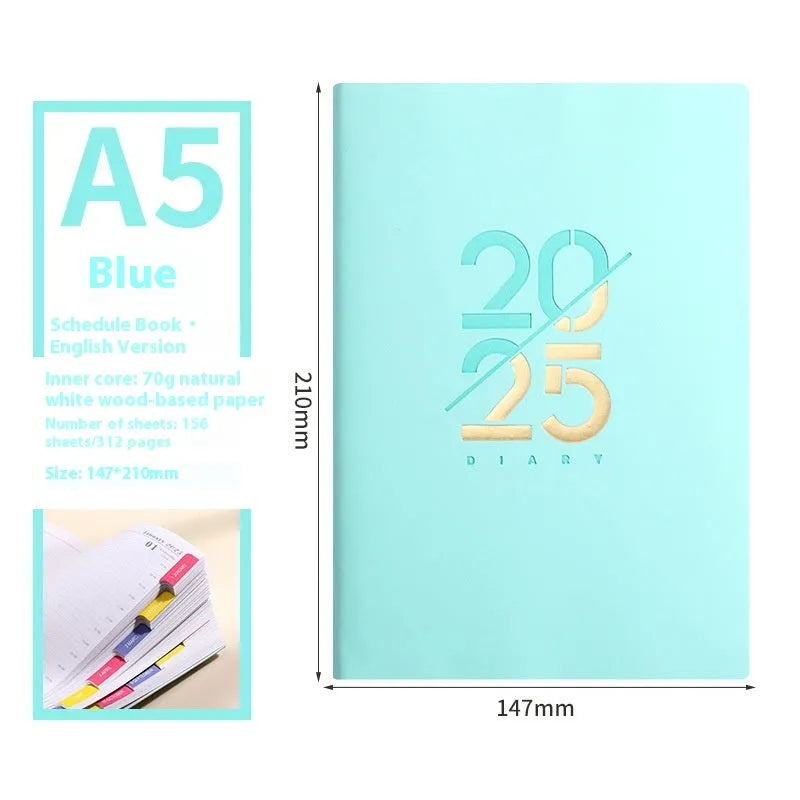 Soft faux leather A5 daily planner book open on a desk, showing Dorian paper pages and available colour variants.