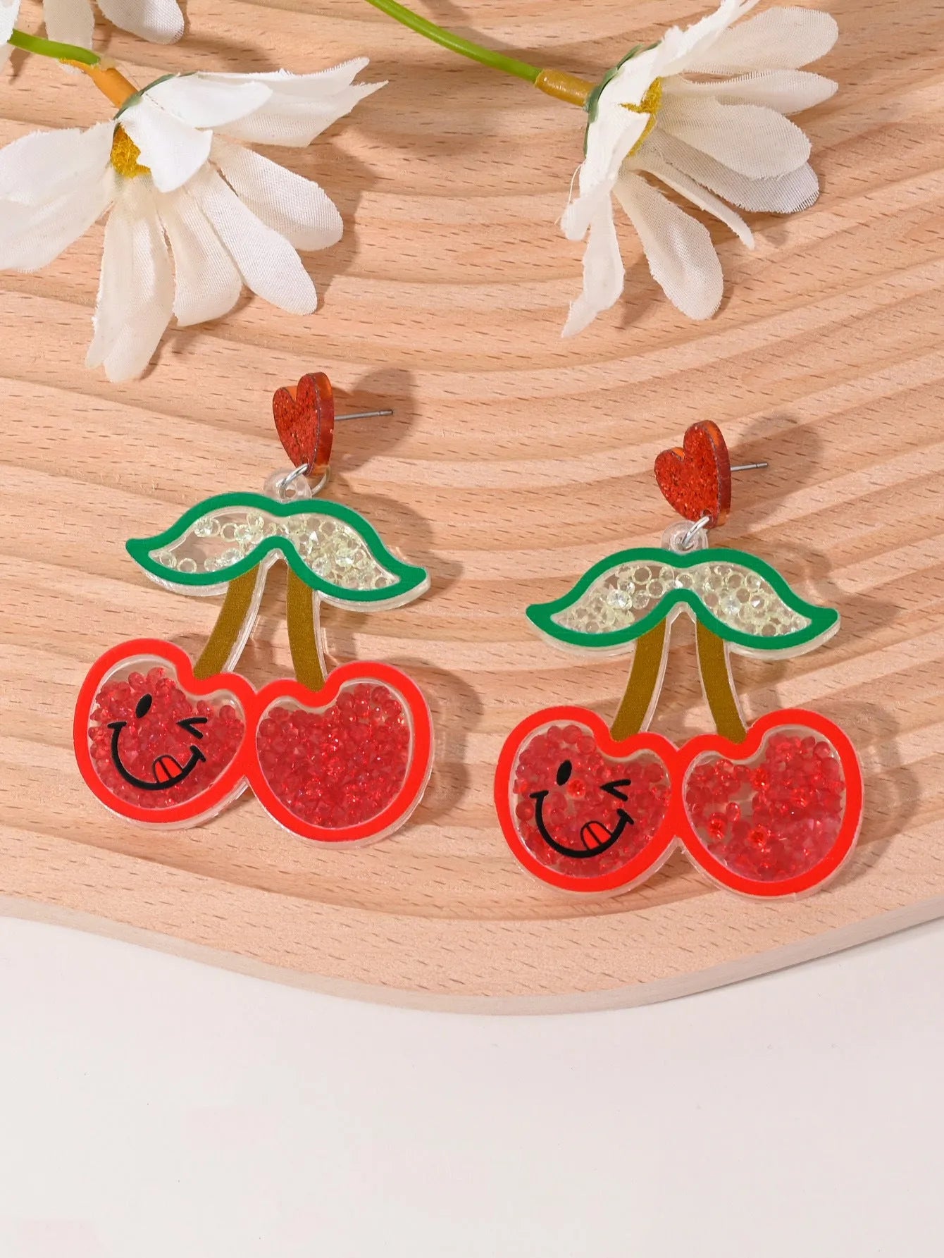 Women's acrylic earrings with cherry, strawberry, watermelon, pineapple, coconut tree, cake and ice cream charms.