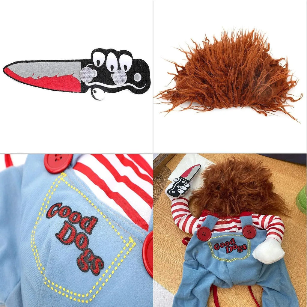 Striped Halloween harness pants costume for dogs and cats with knife accessory in four sizes
