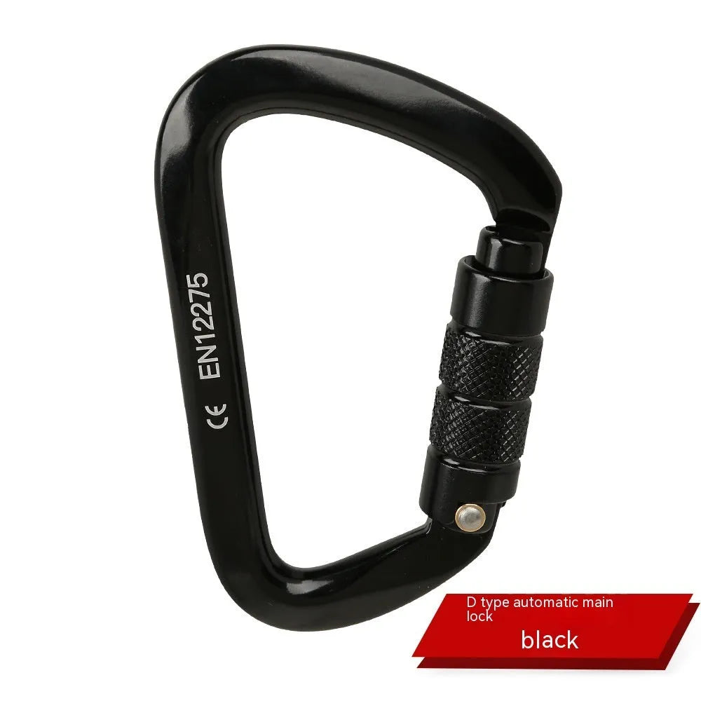 D-shaped rock climbing carabiner main lock with choice of threaded or automatic gate closure, shown in multiple colours.