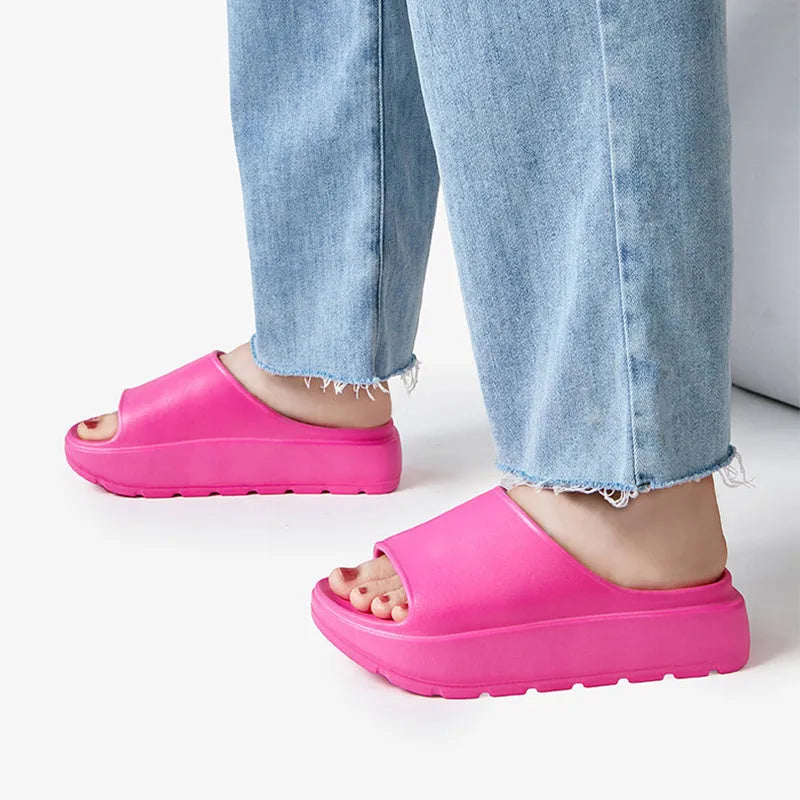Women's beige thick-soled fish mouth slippers with 5.5cm EVA soles for indoor and outdoor wear