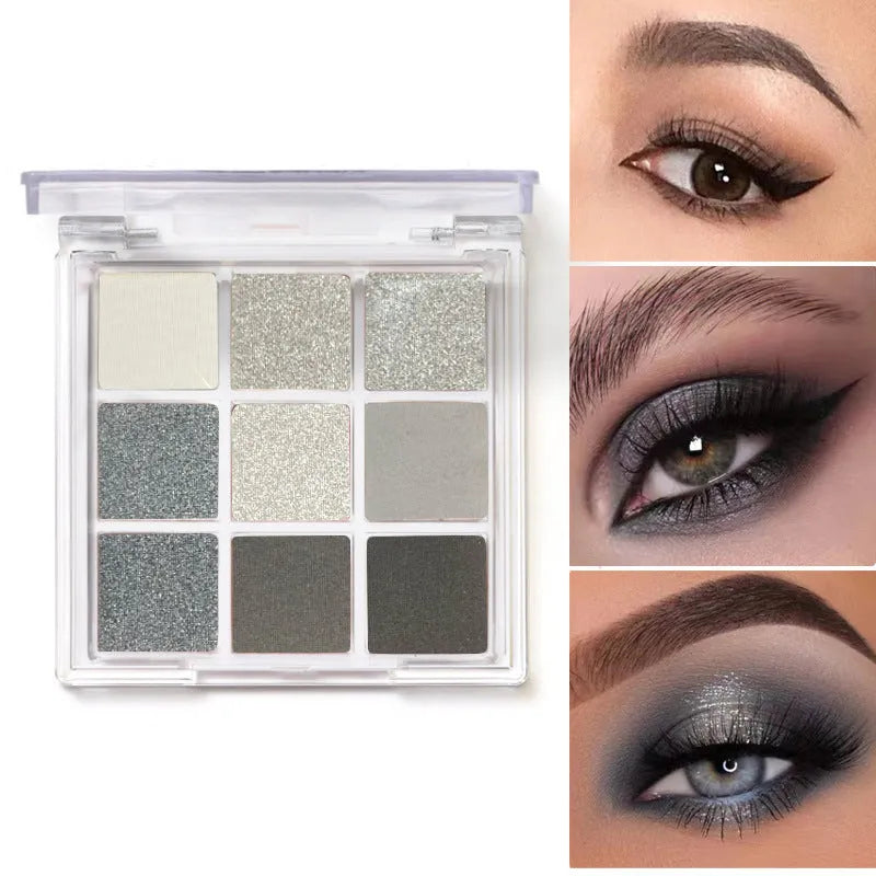 Nine-colour smoked eyeshadow palette showing white, silver, black, and iron grey shades in compact case