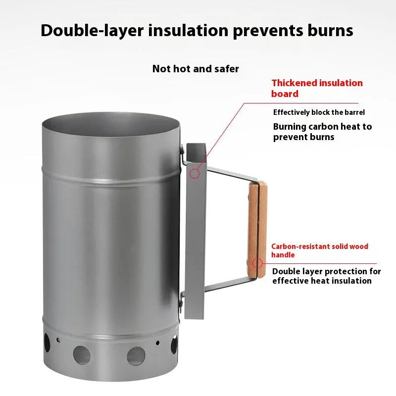 Outdoor barbecue charcoal fire igniter with zinc-iron alloy construction and carbon bucket style housing.