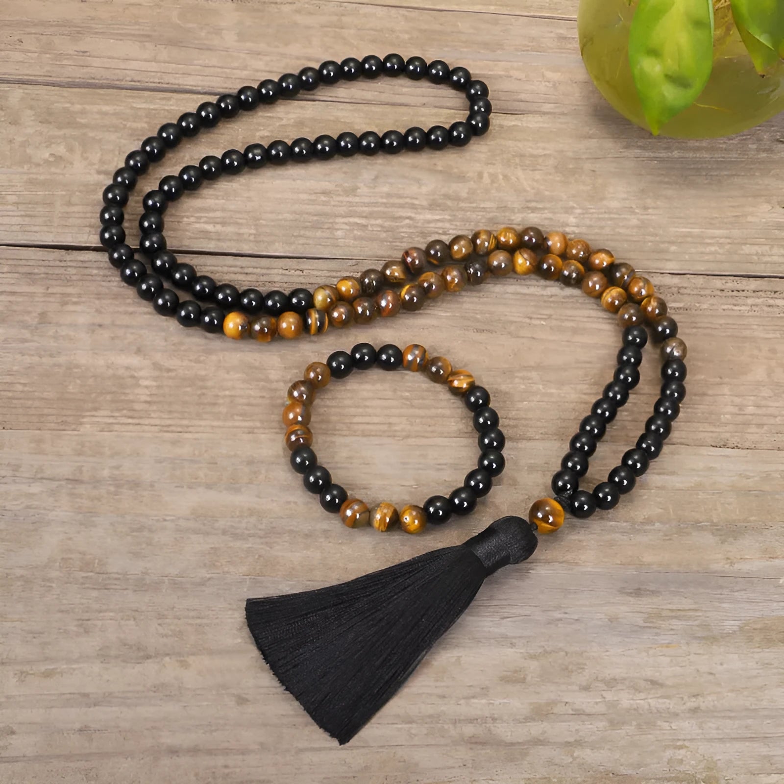 Tiger eye stone tassel necklace with 81cm length and ball bead chain, showing drop shape pendant