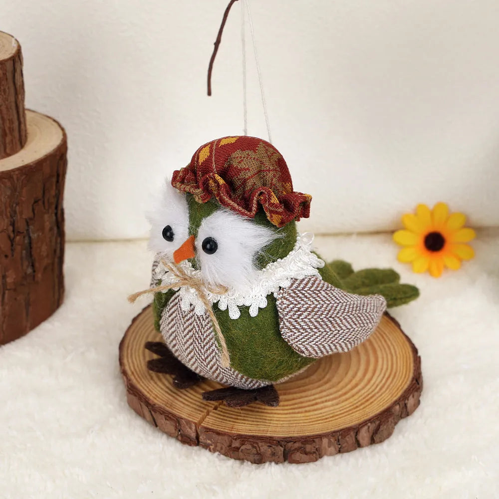 Orange and green Thanksgiving owl harvest bird cloth pendant ornament for window or desktop decoration