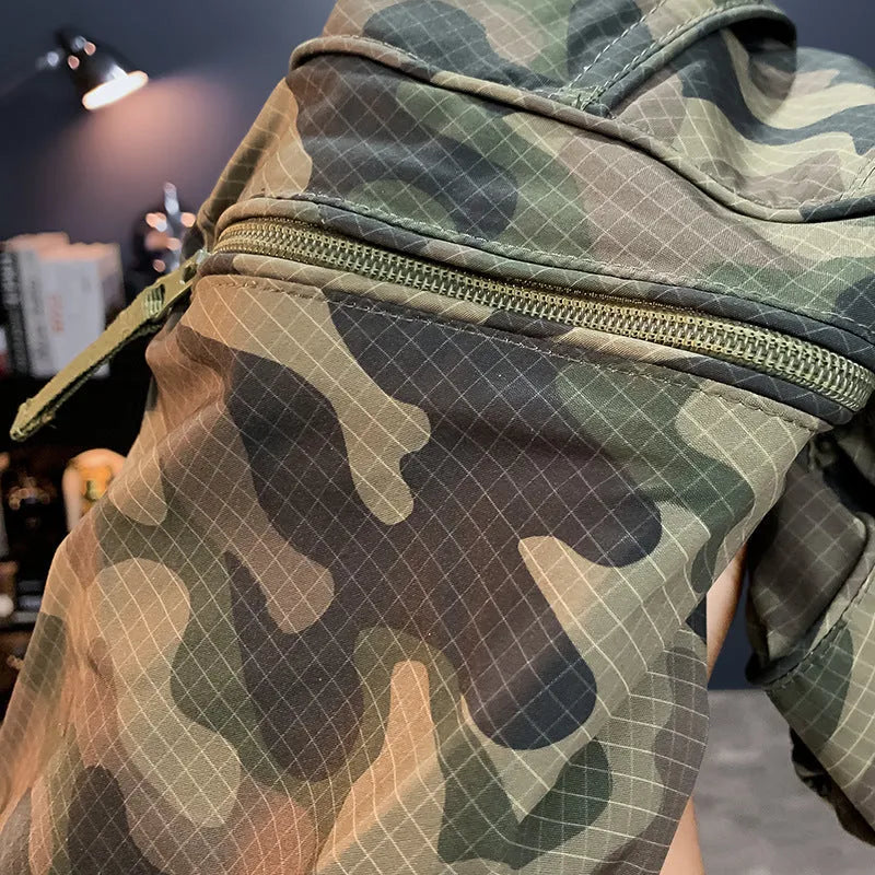 Men's camouflage cargo shorts in a loose fit with multiple pockets, shown in camouflage pattern.