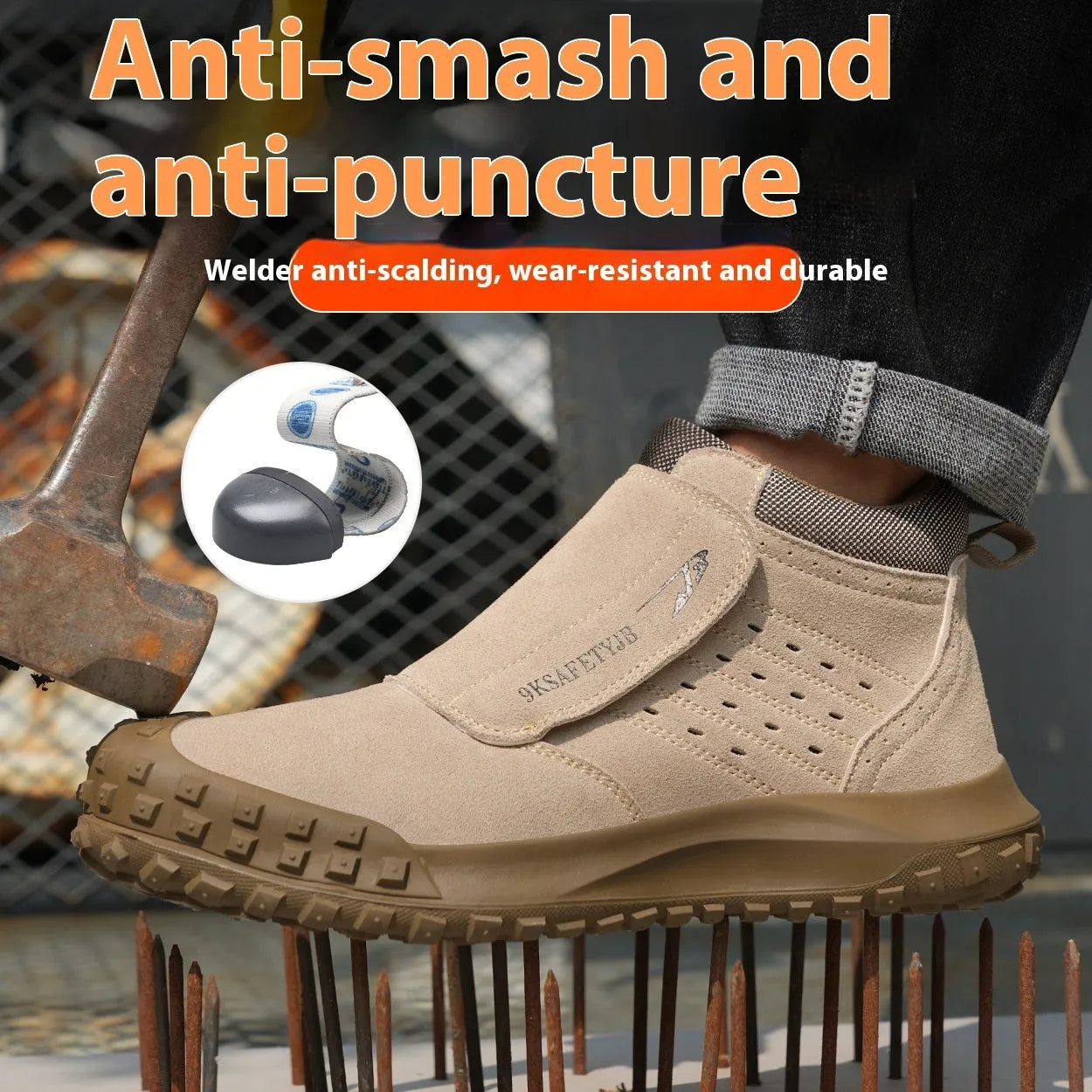 Four Seasons lightweight welder safety shoes with steel toe cap in sand colour with front lace-up closure