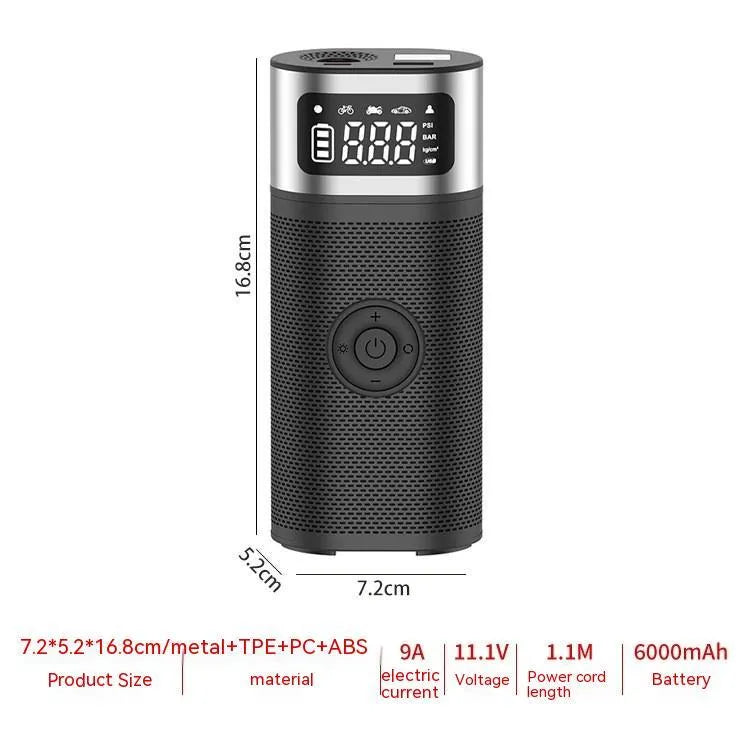 Black portable wireless vehicle air pump with inflatable tube and nozzles on a storage bag