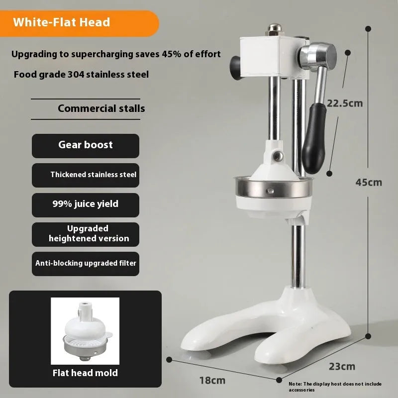 Stainless steel manual vertical juicer on a countertop, showing options for black, silver, orange, white, and electroplated finishes with pointed, flat, and double head tips.
