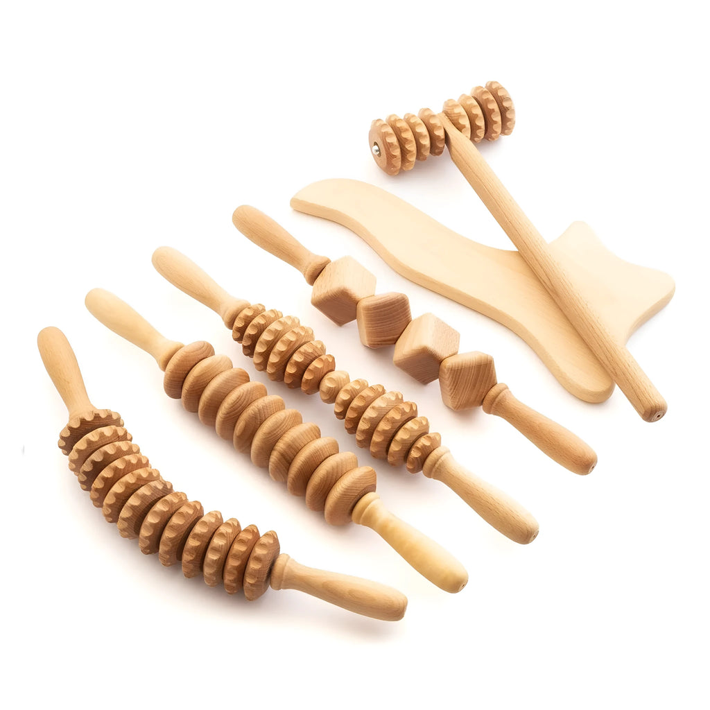 Natural beech wood massage roller set with multiple wheel configurations including straight and curved designs