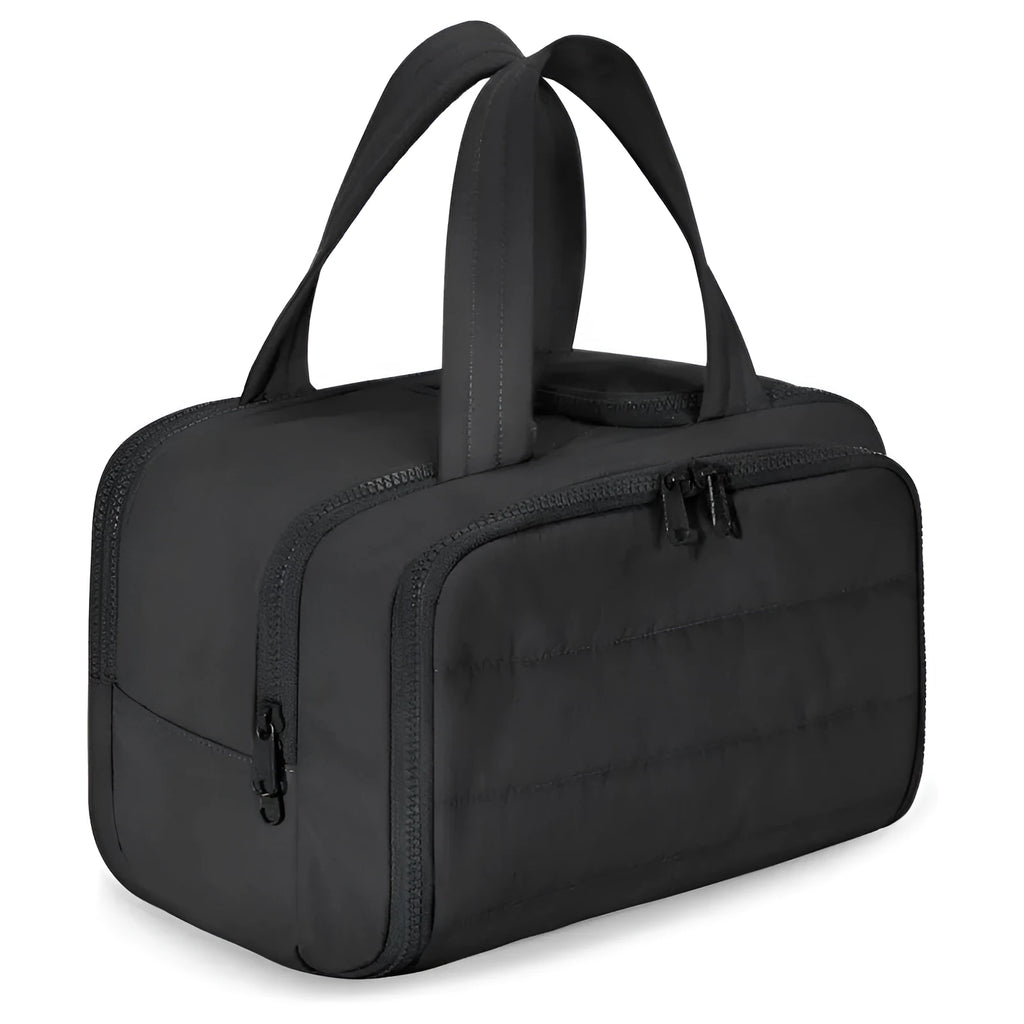 Large fluffy travel toiletry bag with wide open top, shown in a choice of colours.