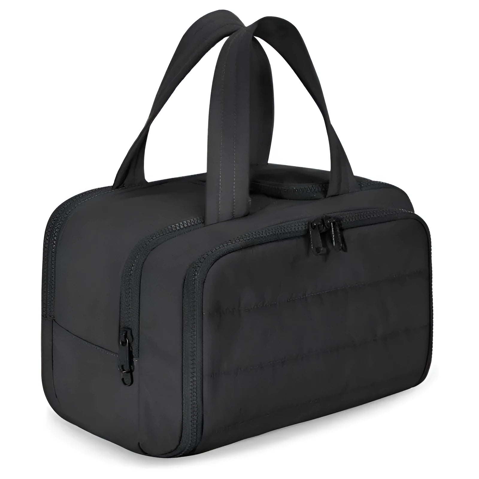 Large fluffy travel toiletry bag with wide open top, shown in a choice of colours.