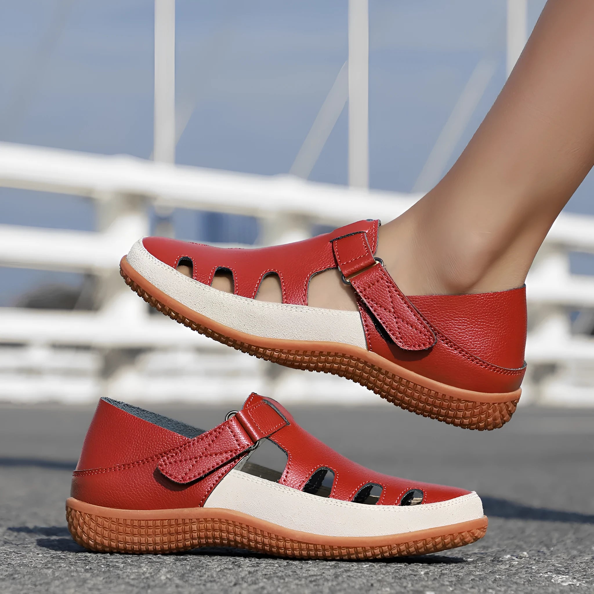Plus size women's flat sandals with toe cap and hollow breathable design in blue, red, or white.