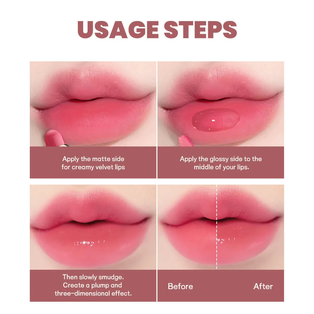 Double-headed lipstick lip gloss in matte finish showing ten different colour options from 01 to 10.