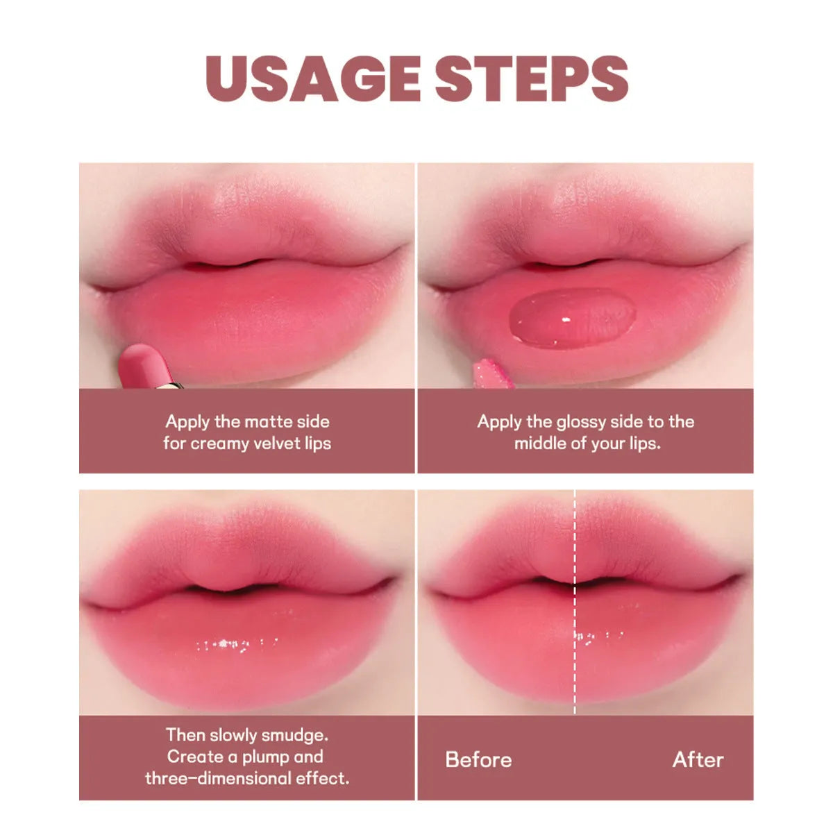 Double-headed lipstick lip gloss in matte finish showing ten different colour options from 01 to 10.