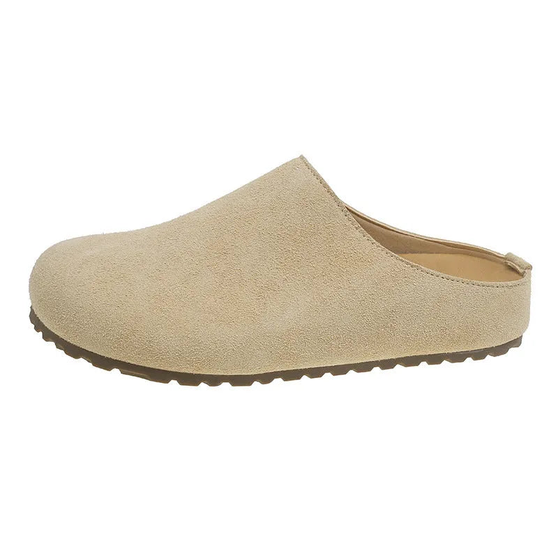 Ugly Soft Flat Korean style slip-on slippers in apricot colour showing square toe and flat design.