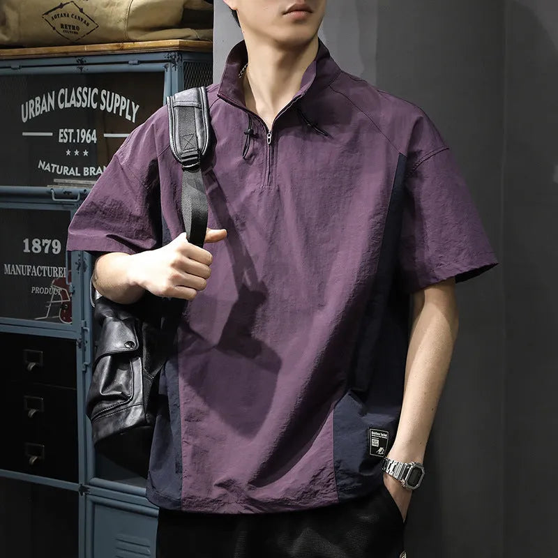 Men's half zipped stand collar business casual shirt in ice silk fabric available in brown and purple colours