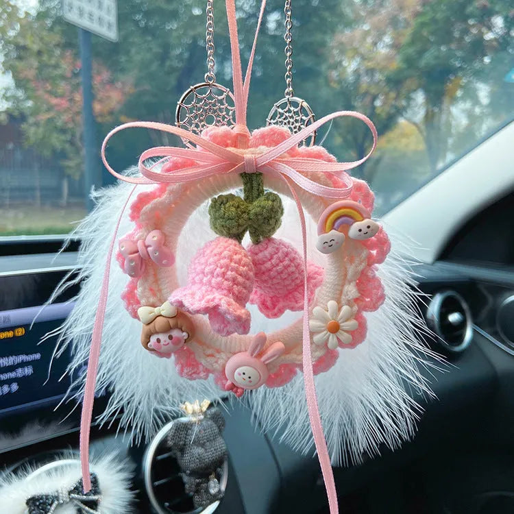 Woven wool bell orchid car pendant in green, pink, purple, or yellow with optional dream catcher.