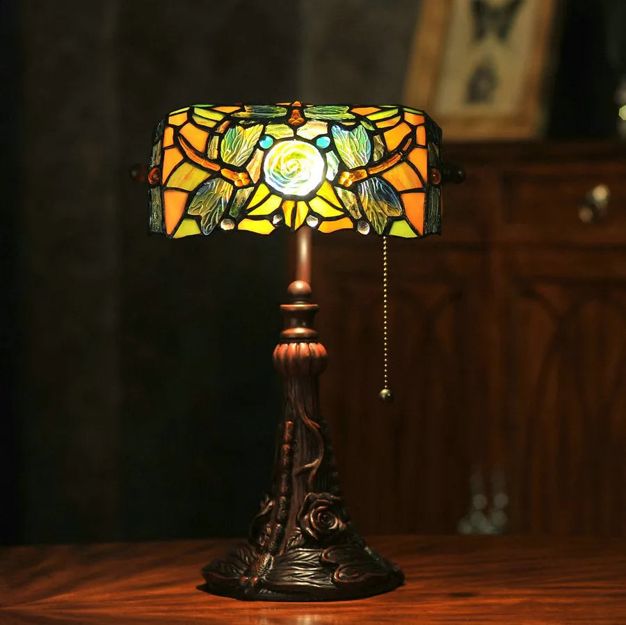 10-inch Tiffany stained glass table lamp with coloured panels and resin base, 25cm wide
